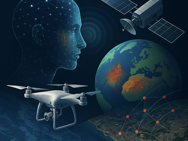 Digital illustration of AI and remote sensing showing a human head with neural network, Earth with heat maps, a satellite, and a drone analyzing terrain.